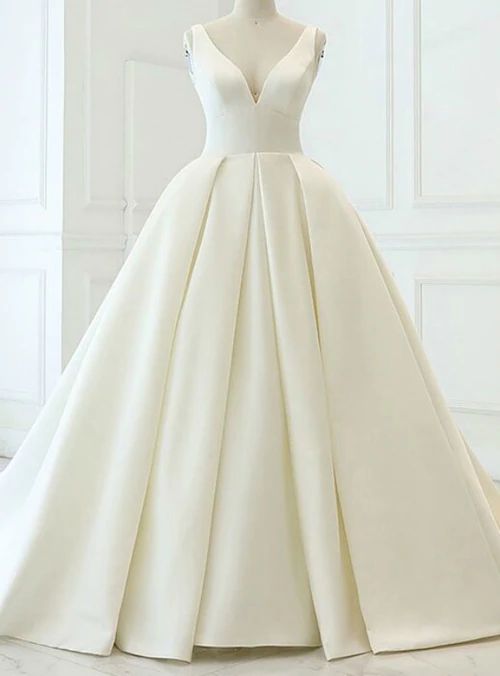 Charming White Ball Gown Satin V-neck Backless Wedding Dress