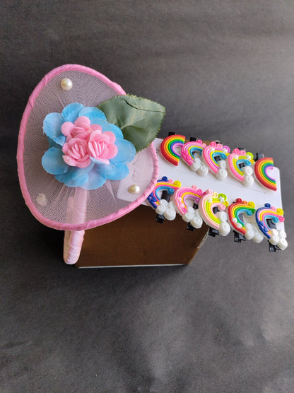 Pink Fascinator and rainbow clip Set