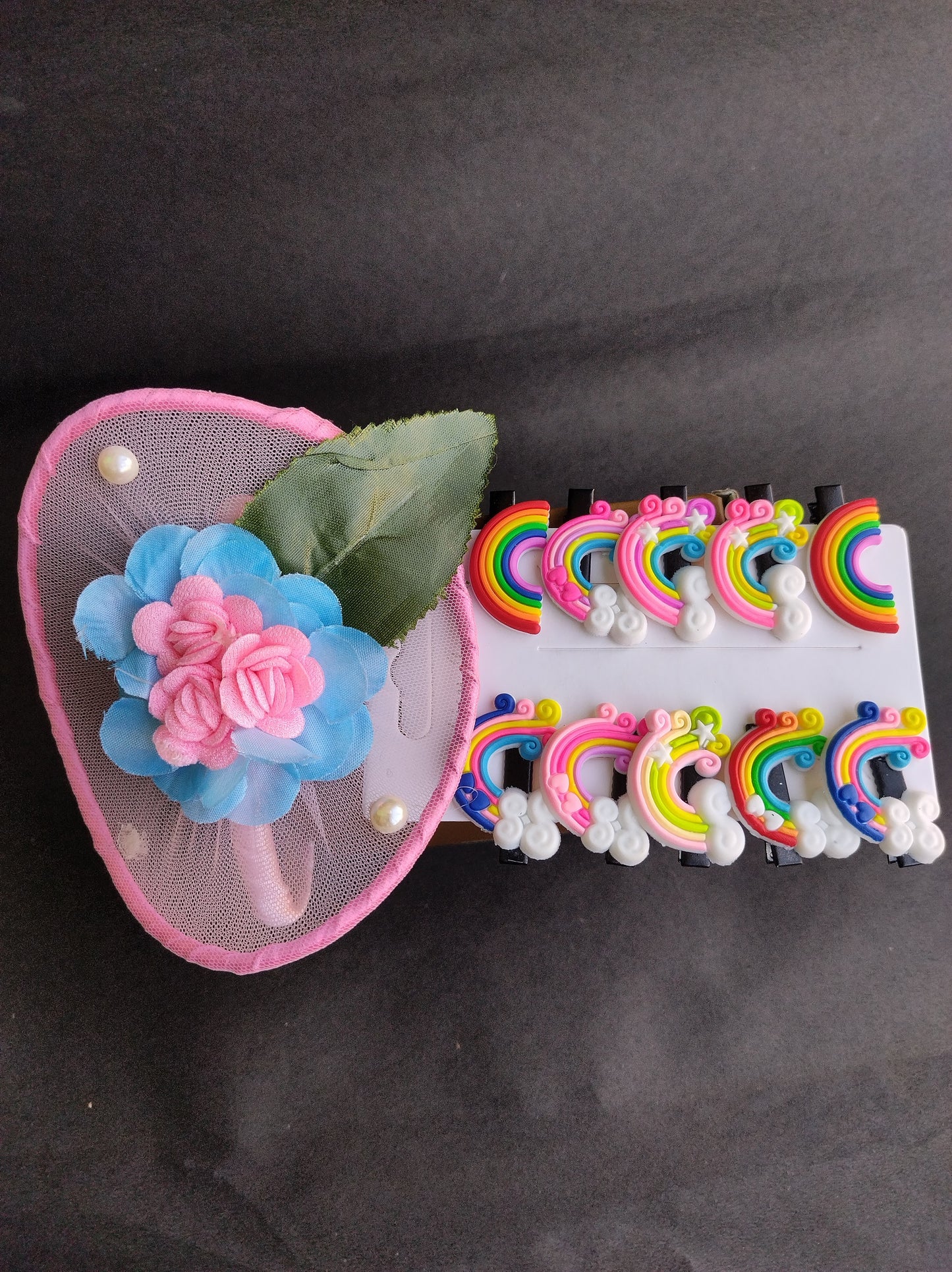 Pink Fascinator and rainbow clip Set