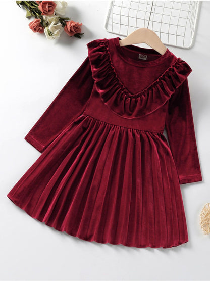 Girls Ruffle Trim Pleated Hem Velvet Dress