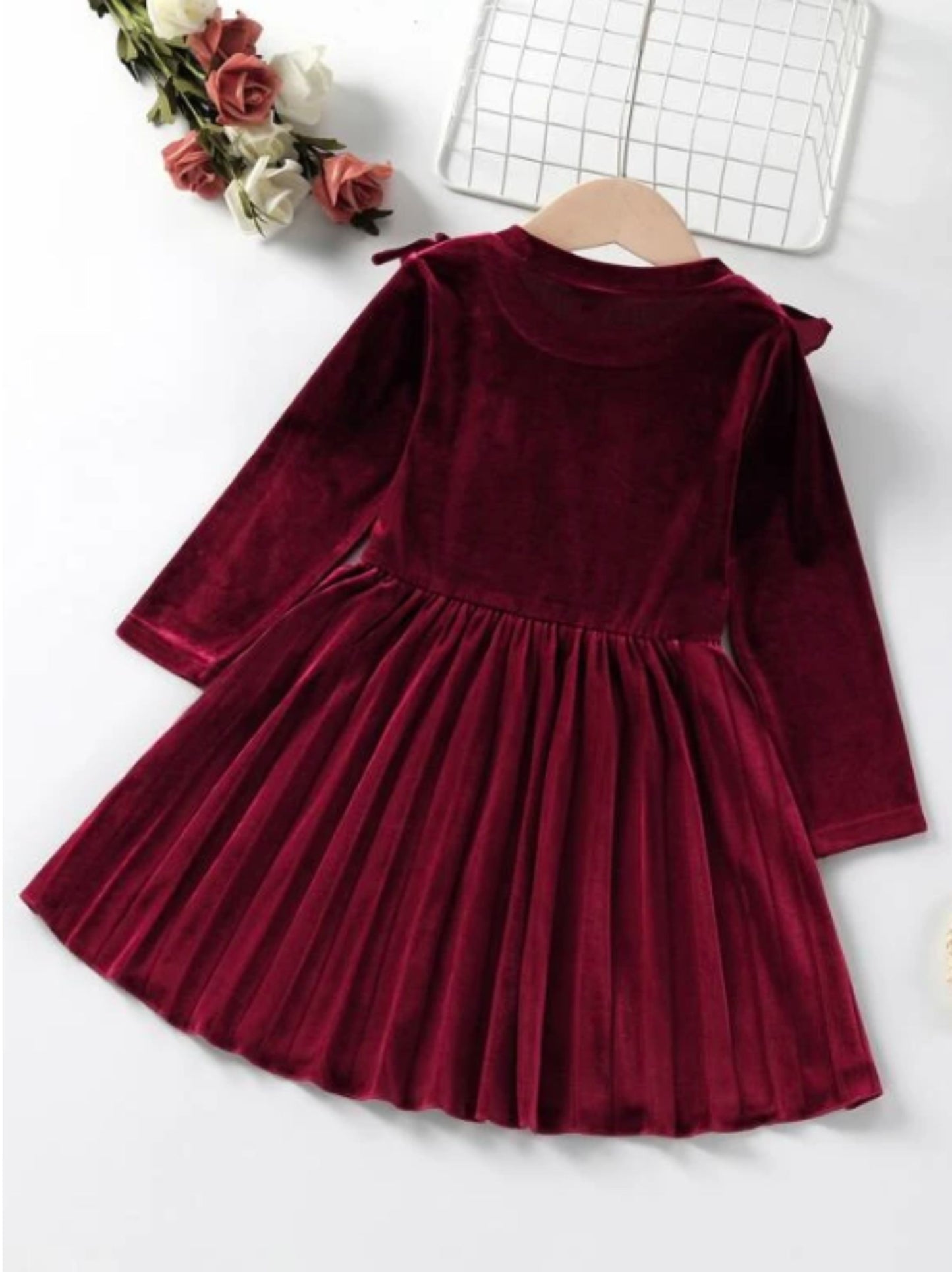 Girls Ruffle Trim Pleated Hem Velvet Dress