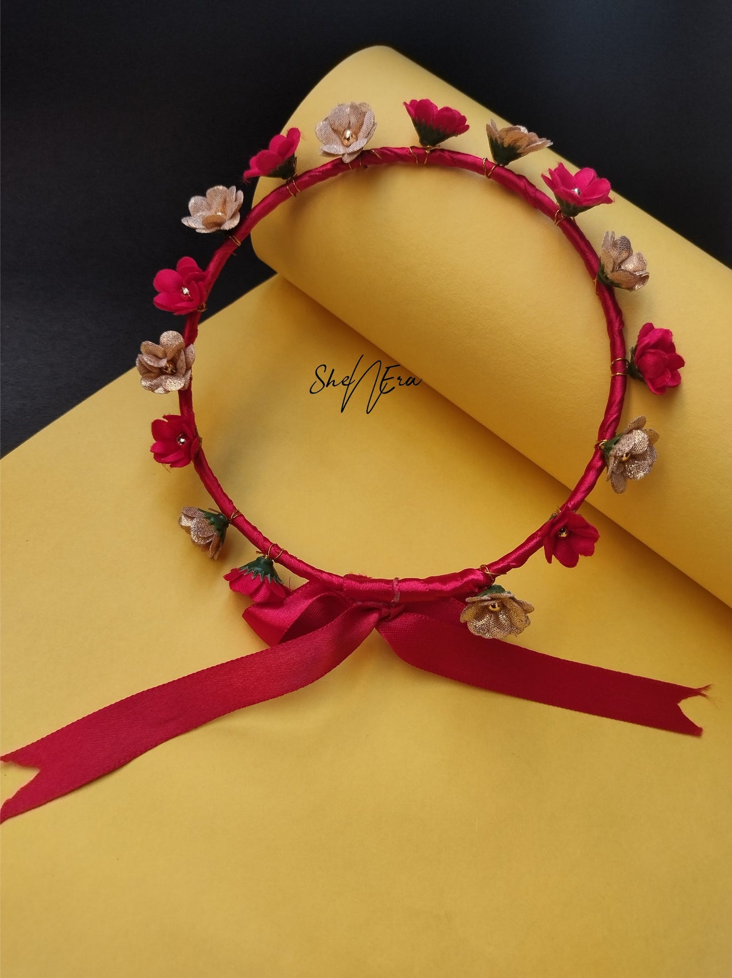 Girls Red & Golden Floral Applique Tiara