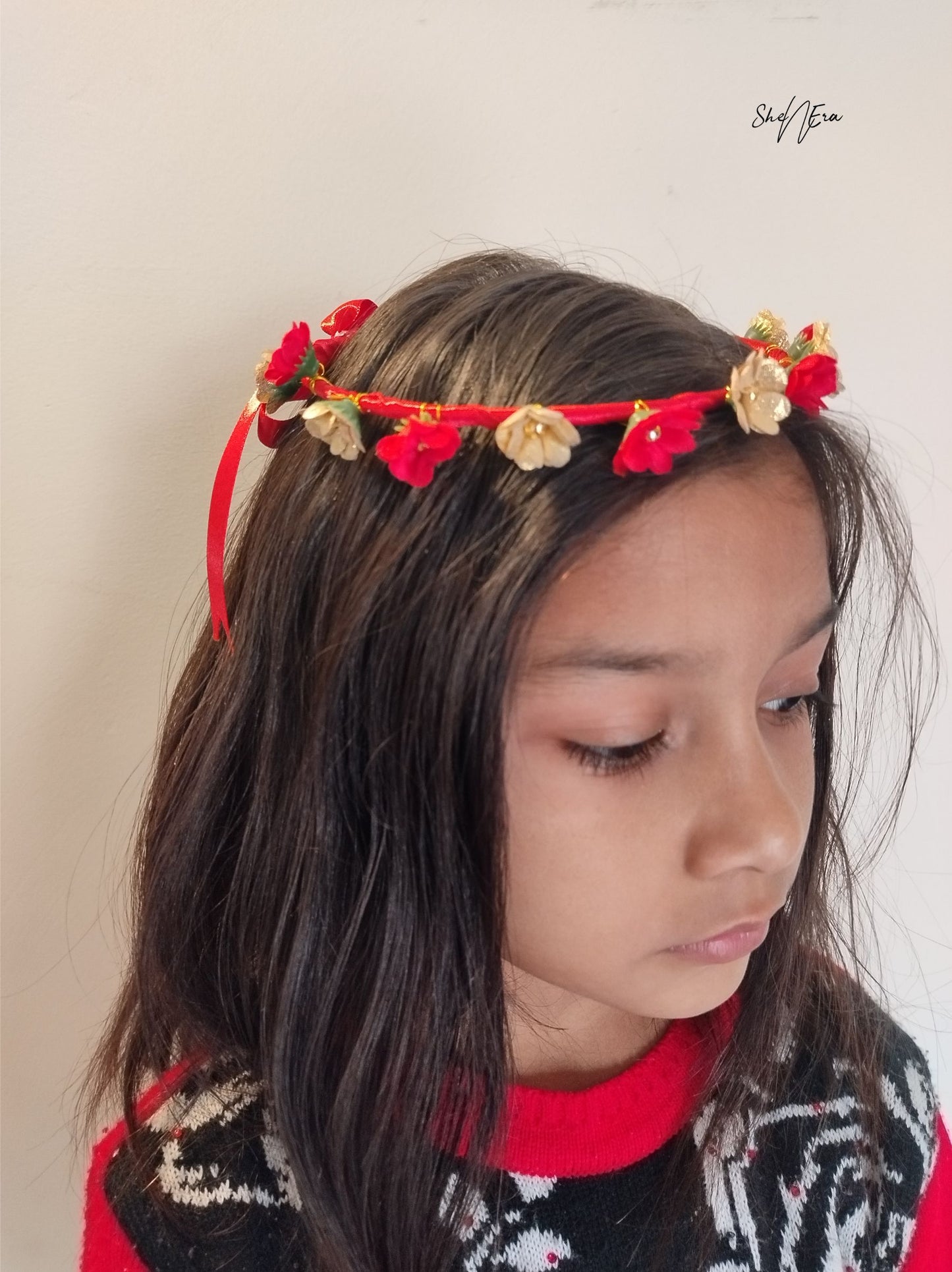 Girls Red & Golden Floral Applique Tiara