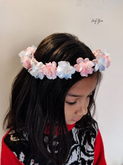 Girls Pink & Sky Blue Floral Applique Tiara