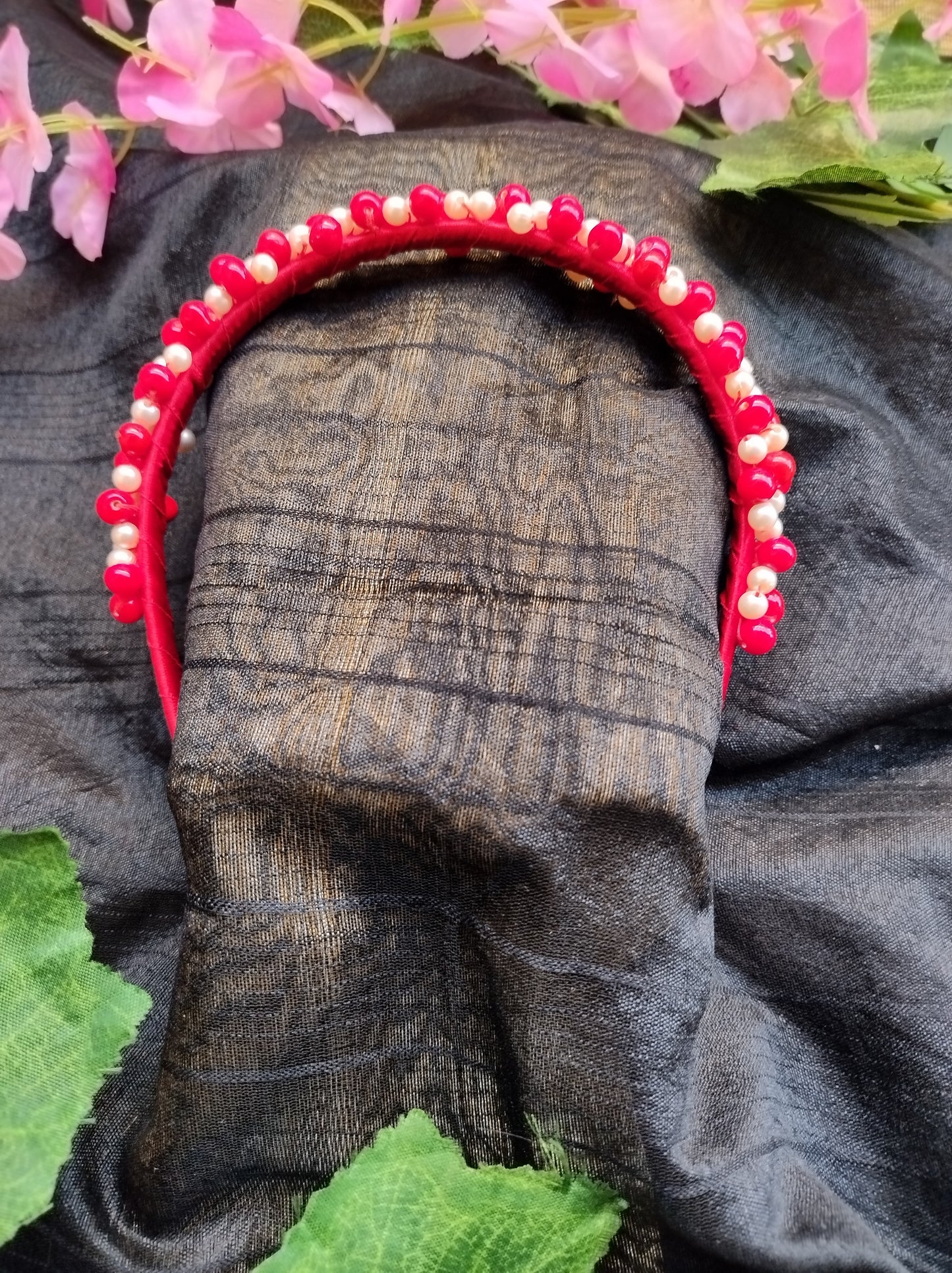 Red & White Pearls head band