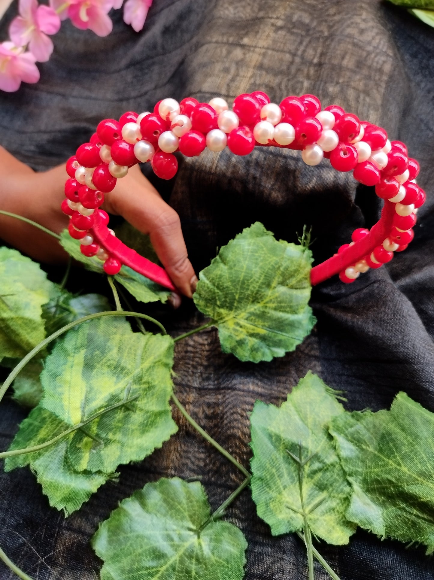 Red & White Pearls head band